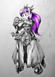 Size: 718x1000 | Tagged: dead source, safe, artist:discommunicator, twilight sparkle, anthro, g4, armor, crossover, king arthur, lost saga, sword, traditional art