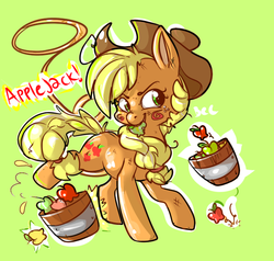 Size: 600x570 | Tagged: safe, artist:clockworkquartet, applejack, earth pony, pony, g4, apple, female, food, simple background, solo