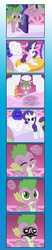 Size: 623x3000 | Tagged: safe, artist:pyruvate, rarity, spike, g4, bloodshot eyes, carousel boutique, comic, implied shipping, me gusta, towel, undressing, we don't normally wear clothes