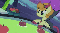 Size: 384x216 | Tagged: safe, screencap, carrot top, derpy hooves, golden harvest, earth pony, pegasus, pony, g4, luna eclipsed, season 2, animated, apple bobbing, clothes, costume, cute, cutie top, derpabetes, derpy being derpy, drain plug, eyes closed, female, frown, gif, gritted teeth, literal hoof shoes, mare, mouth hold, nightmare night costume, open mouth, paper bag, paper bag wizard, sad, smiling, unamused, wide eyes