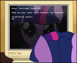 Size: 1526x1240 | Tagged: safe, artist:pyruvate, twilight sparkle, pony, g4, computer, crossover, crt, homestar runner, solo, strong bad