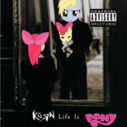 Size: 640x640 | Tagged: safe, artist:detectivebuddha, apple bloom, derpy hooves, pegasus, pony, g4, album cover, female, korn, life is peachy, mare