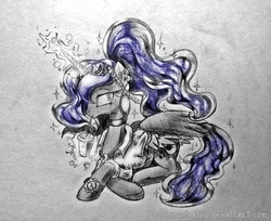 Size: 1000x816 | Tagged: dead source, safe, artist:discommunicator, princess luna, alicorn, pony, g4, clothes, drinking straw, female, lying down, magic, mare, monochrome, partial color, prone, shirt, solo, telekinesis, traditional art