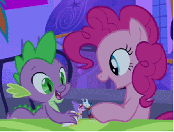 Size: 414x313 | Tagged: safe, screencap, pinkie pie, princess cadance, shining armor, spike, dragon, earth pony, pony, a canterlot wedding, g4, season 2, animated, cute, doll, eyes closed, female, happy, kissing, laughing, male, mare, now kiss, o3o, pinkie the shipper, pointy ponies, ponies playing with ponies, scrunchy face, shipper on deck, spike the shipper