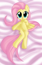 Size: 1263x1932 | Tagged: safe, artist:pyruvate, fluttershy, pegasus, pony, g4, bed, female, mare, on back, solo