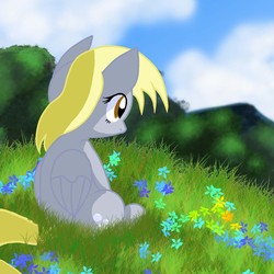 Size: 1369x1369 | Tagged: safe, artist:pyruvate, derpy hooves, pegasus, pony, g4, female, flower, grass, mare, sitting, solo