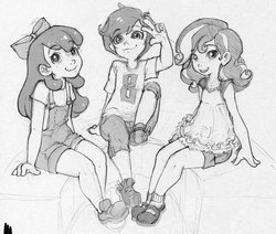 Size: 1000x847 | Tagged: safe, artist:x-arielle, apple bloom, scootaloo, sweetie belle, human, g4, cutie mark crusaders, female, grayscale, humanized, looking at you, monochrome, overalls, sketch