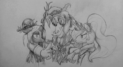 Size: 1276x697 | Tagged: safe, artist:discommunicator, discord, princess celestia, queen chrysalis, changeling, changeling queen, g4, female, traditional art