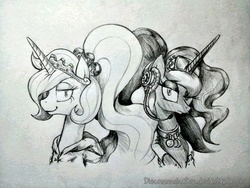 Size: 1000x750 | Tagged: dead source, safe, artist:discommunicator, princess celestia, princess luna, alicorn, pony, g4, bust, female, grayscale, headphones, mare, monochrome, ponytail, portrait, royal sisters, siblings, sisters, traditional art