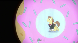 Size: 853x479 | Tagged: safe, screencap, donut joe, pony, unicorn, g4, donut, food, male, solo, stallion, swag, youtube caption