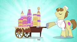 Size: 852x471 | Tagged: safe, screencap, donut joe, pony, unicorn, g4, donutopia, male, solo, stallion, youtube caption