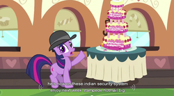 Size: 854x472 | Tagged: safe, screencap, twilight sparkle, pony, unicorn, g4, mmmystery on the friendship express, cake, detective, food, hat, marzipan mascarpone meringue madness, solo, train, unicorn twilight, youtube caption