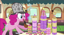 Size: 857x474 | Tagged: safe, screencap, pinkie pie, earth pony, pony, g4, mmmystery on the friendship express, bubble, bubble pipe, cigarette, donut, donutopia, eclair, food, hat, looking at something, pipe, train, youtube caption