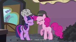 Size: 851x471 | Tagged: safe, screencap, pinkie pie, twilight sparkle, earth pony, pony, unicorn, g4, drugs, duo, duo female, eyes closed, female, horn, mare, raised hoof, youtube caption