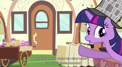 Size: 852x474 | Tagged: safe, screencap, twilight sparkle, pony, unicorn, g4, mmmystery on the friendship express, donut, food, hat, pointing, sherlock sparkle, solo, train, unicorn twilight, youtube caption