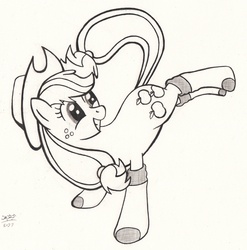 Size: 2316x2348 | Tagged: safe, artist:aqnichols, artist:beechsprout, applejack, earth pony, pony, g4, clothes, female, high res, kicking, looking back, monochrome, socks, solo, traditional art