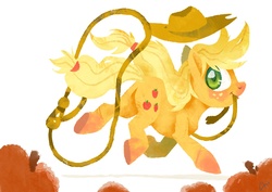 Size: 1200x849 | Tagged: safe, artist:kapieren, applejack, earth pony, pony, g4, apple, female, food, lasso, mare, mouth hold, solo