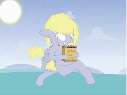 Size: 468x351 | Tagged: safe, artist:extradan, artist:extrart, derpy hooves, oc:jerky hooves, pegasus, pony, g4, animated, cupcake, dumb running ponies, female, mare, solo