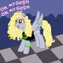 Size: 894x894 | Tagged: source needed, safe, artist:drefsab, derpy hooves, pegasus, pony, g4, 80s, 80s hair, bracelet, braces, clothes, dance floor, dialogue, ear piercing, earring, eyeshadow, female, jewelry, makeup, mare, piercing, shirt, solo, t-shirt, underp