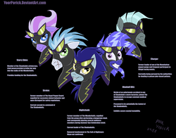 Size: 1517x1188 | Tagged: dead source, safe, artist:pooryorick, nightshade, oc, oc:blueball blitz, oc:charger, oc:starry skies, oc:stratus, pony, g4, black background, bust, clothes, costume, female, goggles, grin, male, mare, portrait, reference sheet, shadowbolts, shadowbolts (nightmare moon's minions), shadowbolts uniform, simple background, smiling, stallion