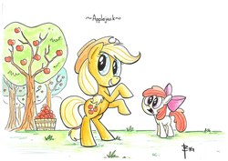 Size: 1600x1135 | Tagged: safe, artist:jim miller, apple bloom, applejack, earth pony, pony, g4, apple, female, filly, mare, rearing, tree, wrong eye color