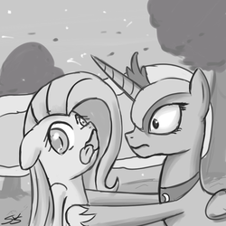 Size: 800x800 | Tagged: safe, artist:speccysy, fluttershy, princess luna, alicorn, pegasus, pony, g4, luna eclipsed, duo, female, grayscale, holding a pony, mare, monochrome, scene interpretation, shocked