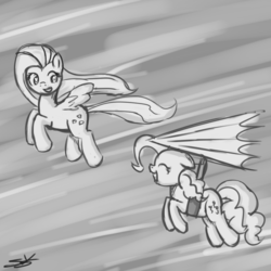 Size: 1000x1000 | Tagged: safe, artist:speccysy, fluttershy, pinkie pie, g4, eyes closed, flying, hang gliding, monochrome