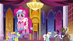 Size: 640x360 | Tagged: safe, screencap, caesar, count caesar, drizzle, lemony gem, pinkie pie, sealed scroll, serena, earth pony, pegasus, pony, unicorn, g4, season 1, the best night ever, adorascroll, bouncing, caesarbetes, canterlot ballroom, clothes, cute, diapinkes, dress, drizzlebetes, female, gala dress, lemonydorable, male, mare, pinkie pie's first gala dress, serenabetes, stallion