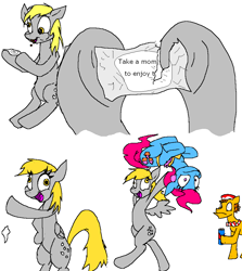 Size: 932x1045 | Tagged: safe, artist:vinny van yiffy, carrot cake, cup cake, derpy hooves, earth pony, pegasus, pony, g4, comic, female, imminent sex, male, mare, simple background, stallion, white background