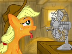 Size: 1024x770 | Tagged: safe, artist:fimflamfilosophy, applejack, earth pony, pony, g4, electric fan, fan, female, heat, hot, mare, overheated, solo, sweat, tongue out