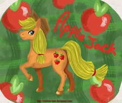 Size: 600x508 | Tagged: safe, artist:rainbow-hare, applejack, earth pony, pony, g4, apple, female, raised hoof, solo