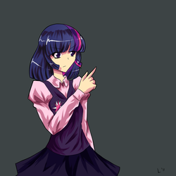 Size: 600x600 | Tagged: safe, artist:leimy, artist:spchlss, twilight sparkle, human, g4, alphes, anime, check em, clothes, female, humanized, pixiv, simple background, skirt, solo, style emulation, touhou