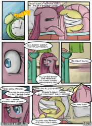 Size: 800x1100 | Tagged: safe, artist:speccysy, fluttershy, pinkie pie, comic:sight for really sore eyes, g4, bandage, comic, female, lesbian, mare, pinkamena diane pie, ship:flutterpie, shipping, sleeping