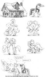 Size: 773x1280 | Tagged: safe, artist:baron engel, oc, oc only, oc:carousel, oc:petina, earth pony, pegasus, pony, unicorn, butt to butt, butt touch, comic, face down ass up, female, grayscale, mare, monochrome, pencil drawing, sitting, traditional art, waitress