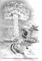 Size: 787x1146 | Tagged: safe, artist:baron engel, rainbow dash, twilight sparkle, pegasus, pony, unicorn, g4, duo, female, mare, monochrome, mushroom cloud, nuclear weapon, pencil drawing, realistic horse legs, rearing, traditional art, unicorn twilight