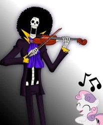 Size: 712x858 | Tagged: safe, sweetie belle, human, pony, undead, unicorn, g4, brook, clothes, crossover, female, filly, foal, music notes, musical instrument, one piece, singing, violin