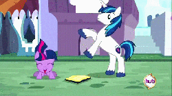 Size: 640x360 | Tagged: dead source, safe, screencap, shining armor, twilight sparkle, pony, unicorn, a canterlot wedding, g4, season 2, animated, b.b.b.f.f., brother and sister, cute, duo, female, filly, filly twilight sparkle, foal, happy, heartwarming, hoofy-kicks, hub logo, jumping, loop, male, pronking, rearing, shining adorable, siblings, sparkle siblings, twiabetes, unicorn twilight, younger