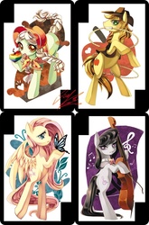 Size: 600x911 | Tagged: safe, artist:soukitsubasa, braeburn, fluttershy, granny smith, octavia melody, earth pony, pegasus, pony, unicorn, g4, female, horn, male, mare, rearing, stallion