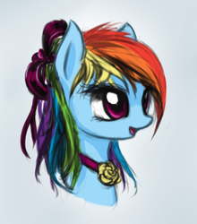 Size: 268x304 | Tagged: source needed, safe, artist:fajeh, rainbow dash, pony, g4, alternate hairstyle, bust, female, jewelry, necklace, portrait, profile, simple background, solo, white background