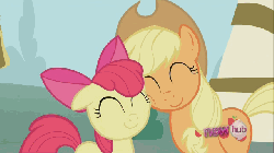Size: 640x360 | Tagged: safe, screencap, apple bloom, applejack, earth pony, pony, g4, ponyville confidential, season 2, ^^, all new, animated, cute, eyes closed, female, filly, foal, gif, hub logo, logo, mare, smiling, snuggling, squishy cheeks, text, the hub