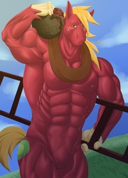 Size: 743x1034 | Tagged: safe, artist:kyuuhari, big macintosh, earth pony, anthro, g4, armpits, complete nudity, featureless crotch, fetish, great macintosh, male, muscle fetish, muscles, muscular male, nipples, nudity, red body, solo