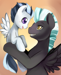 Size: 550x672 | Tagged: safe, artist:ende26, rumble, thunderlane, pegasus, pony, g4, brothers, colt, cute, duo, duo male, equestria's best big brother, foal, holding a pony, looking at each other, male, profile, rumblebetes, siblings, smiling, spread wings, stallion, thunderbetes