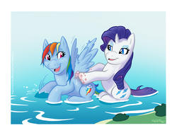 Size: 993x758 | Tagged: safe, artist:redadillio, rainbow dash, rarity, g4, bath, female, lake, lesbian, mare, ship:raridash, shipping, soap, wet mane, wingboner