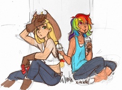 Size: 750x555 | Tagged: safe, artist:x-arielle, applejack, rainbow dash, human, g4, applejack's hat, armpits, boots, breasts, clothes, cowboy boots, cowboy hat, delicious flat chest, drink, farmer's tan, female, gloves, hat, humanized, rainbow flat