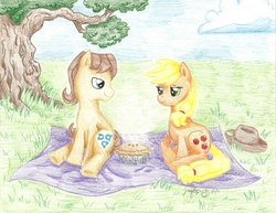 Size: 2201x1697 | Tagged: dead source, safe, artist:hahasauce, applejack, caramel, earth pony, pony, g4, duo, female, male, mare, picnic, pie, ship:carajack, shipping, stallion, straight