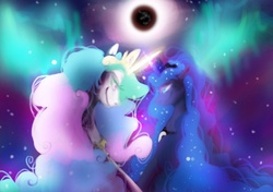 Size: 612x432 | Tagged: safe, artist:geckofly, princess celestia, princess luna, alicorn, pony, g4, duo, eclipse, female, glowing, mare