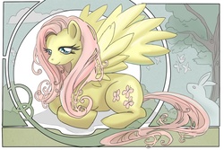 Size: 900x600 | Tagged: safe, artist:animatey, fluttershy, pegasus, pony, rabbit, g4, animal, female, looking at you, mare, modern art, nouveau, prone, solo, spread wings, wings