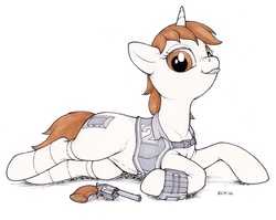 Size: 1004x800 | Tagged: safe, artist:ecmajor, oc, oc only, oc:littlepip, pony, unicorn, fallout equestria, clothes, fallout, fanfic, fanfic art, female, gun, hooves, horn, jumpsuit, mare, pipbuck, pistol, revolver, simple background, socks, solo, tongue out, vault suit, weapon, white background