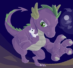 Size: 1728x1620 | Tagged: safe, artist:degarnemai, rarity, spike, dragon, pony, unicorn, g4, holding a pony, moon