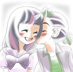 Size: 392x388 | Tagged: safe, artist:zoe-productions, spike, twilight sparkle, g4, blushing, cheek kiss, female, humanized, kissing, male, ship:twispike, shipping, straight